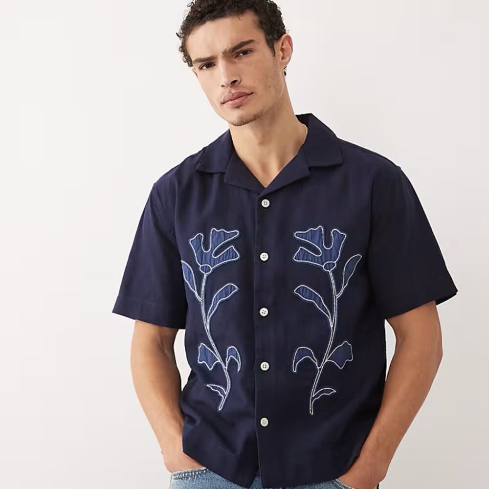 NEW Abercrombie & Fitch Floral Button Down Resort Shirt Navy Blue Linen Mens XS